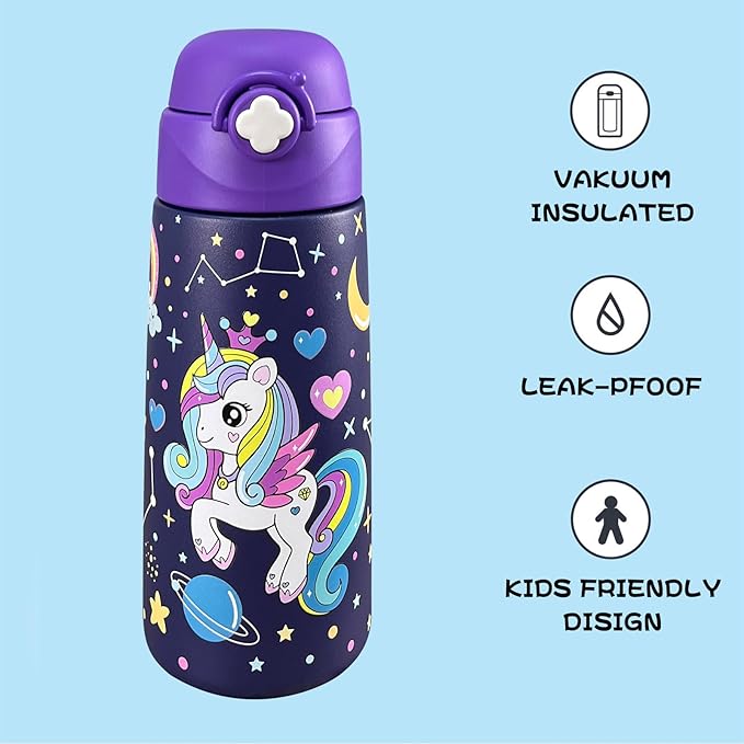 Kids Insulated Water Bottle with Covered Pop-Up Straw,16oz Kids Cups with Stainless Steel Leak Proof for School Boys Girls（Purple Unicorn）