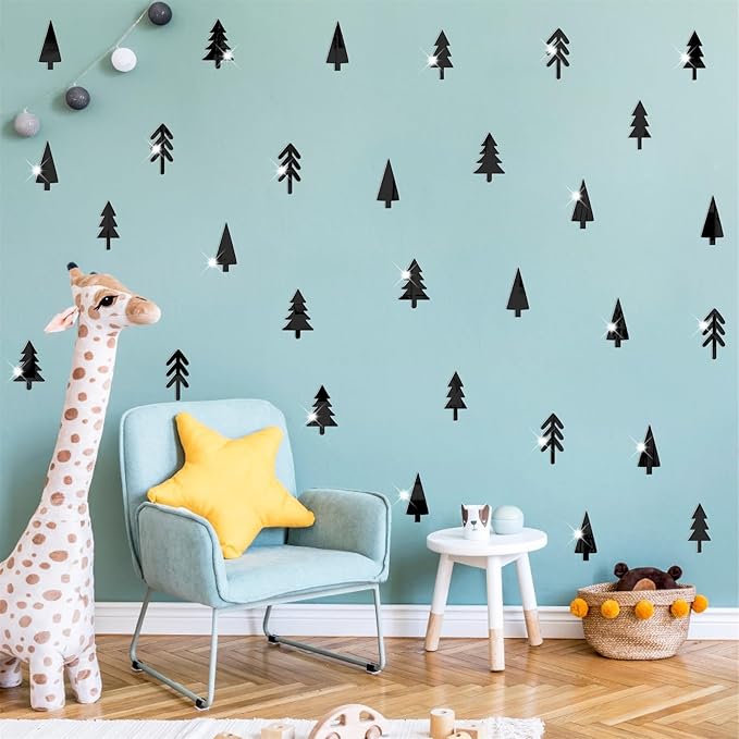 Pine Tree Wall Stickers 3D Acrylic Mirror Wall Stickers Decor Black Small Tree Wall Decals Peel and Stick Pine Tree Art Decals Acrylic Wall Stickers for Nursery Kids Bedroom Decor