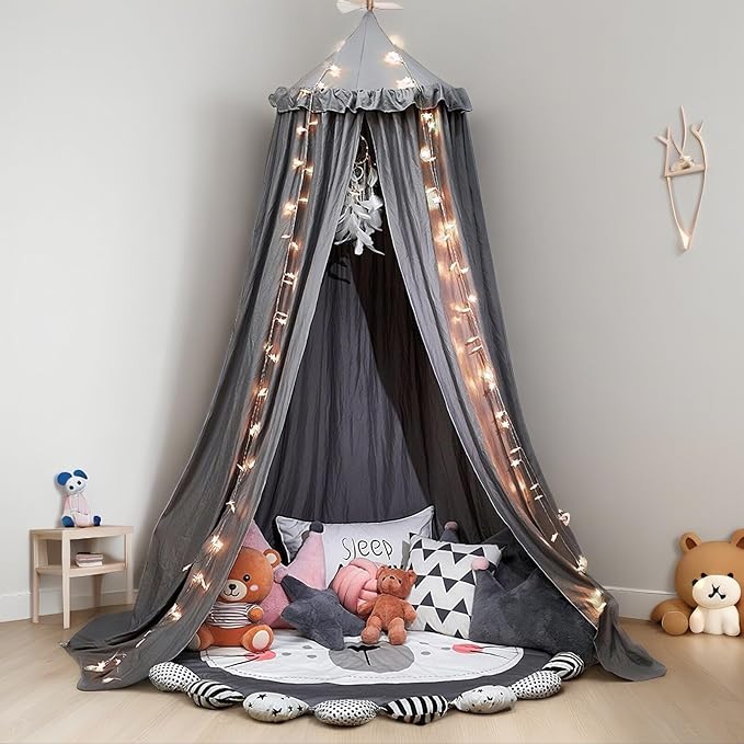 Upgrade Version of Canopy for Kids Bed, Extra Large Canopy for Girls Room Decoration Princess Castle Play Tent Hanging House, Dreamy Canopy for Children Room Reading Nook Canopies (Gray Ruffle)