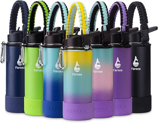 Farsea Insulated Water Bottle With Paracord Handle, Protective Boot and 2 Lids (Straw Lid & Spout Lid), Stainless Steel Water Bottle Wide Mouth, Double Wall Sweat-Proof BPA-Free, 18 oz
