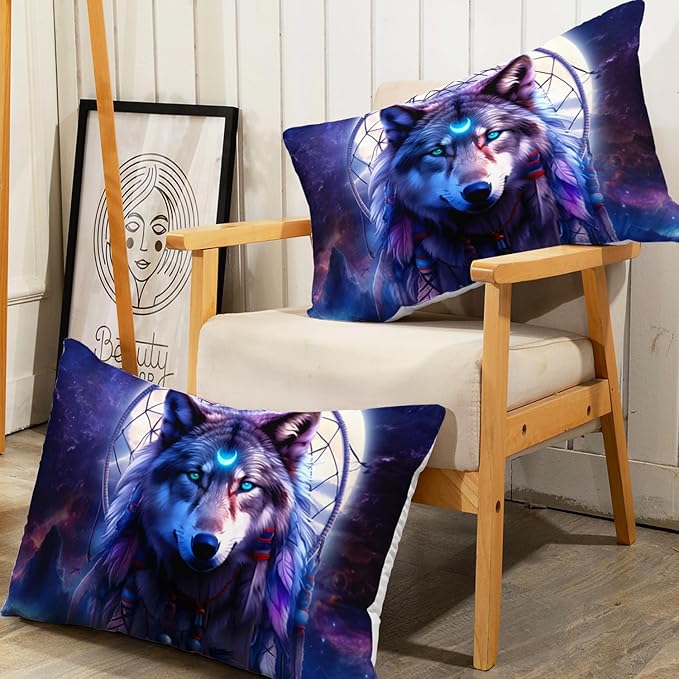 AILONEN Wolf Dream Catcher Fitted Sheet Set Queen Evening Purple Galaxy Starry Moon Wolf Bed Sheet with 2 Pillowcases,3 Pieces Wolf Print Boys Girls Queen Fitted Sheet Set