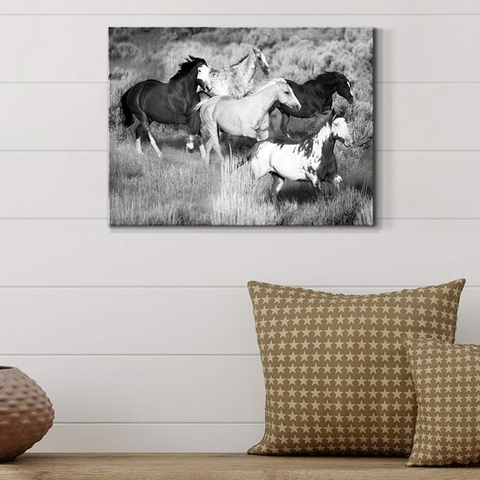 Renditions Gallery Canvas Animal Wall Art Modern Decorations Paintings Running Vintage Horses Black & White Nature Wall Hanging Artwork Prints for Bedroom Office Kitchen - 12"x18" LT33