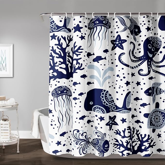 AILONEN Cartoon Dolphin Shower Curtain for Kids 72" W*96" H Inch,Blue Whales Octopuses Turtles Pattern Shower Curtain,Ocean Life Theme 12 Pack Hooks Polyester Waterproof Fabric Decor for Bathroom