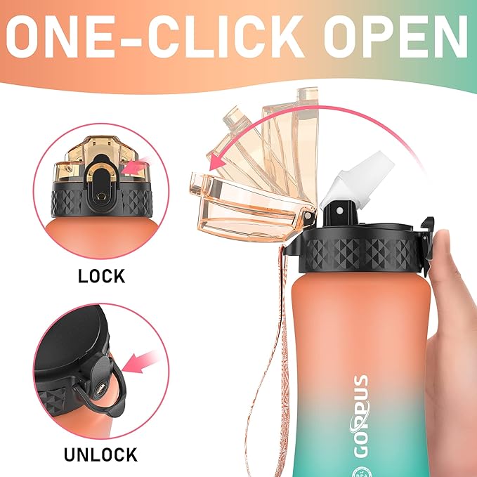 GOPPUS Kids Water Bottle with Straw Spout Lid 10pcs Stickers 12 oz Leak-proof BPA Free Motivational Time Marker Tritan Plastic Water Bottles for Girls Boys School Sports