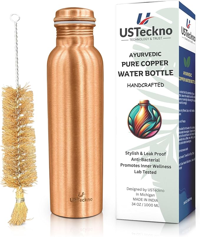 Copper Water Bottle - 34 Oz Extra Large Handcrafted Ayurvedic Copper Bottle for Travel,Yoga,Gym Lower Your Sugar Intake And Enjoy Health Benefits Immediately. Lab Tested (Smooth Finish)