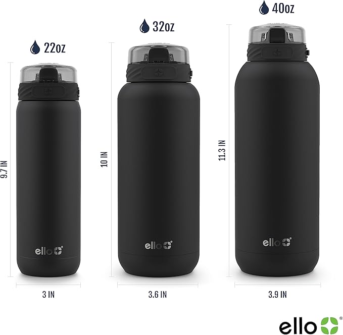 Ello Cooper 22oz Stainless Steel Water Bottle with Straw and Carry Handle, Double Walled and Vacuum Insulated Metal, Leak Proof Locking Lid with Soft Silicone Spout, Reusable, BPA Free, Black