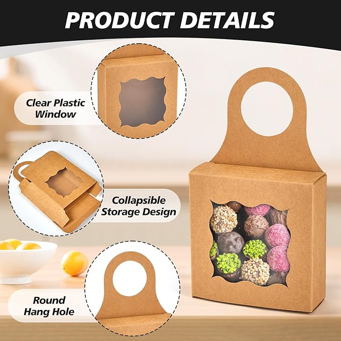 30pcs Wine Bottle Box with Window, Kraft Paper Hanging Box Foldable Decor Wine Bottle Hanging Favor Boxes Gift Boxes for Holding Party Birthday Candy Truffles Chocolate Cookies