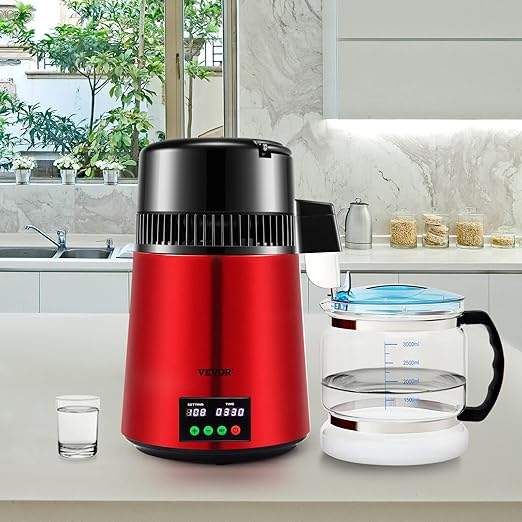 VEVOR 1.1Gal Water Distiller, 0.3Gal/H, Distilled Water Maker Machine 750W 0-99H Timing Setting Temp Display, 304 Stainless Steel Countertop Distiller Glass Carafe Cleaning Powder 3 Carbon Packs, Red
