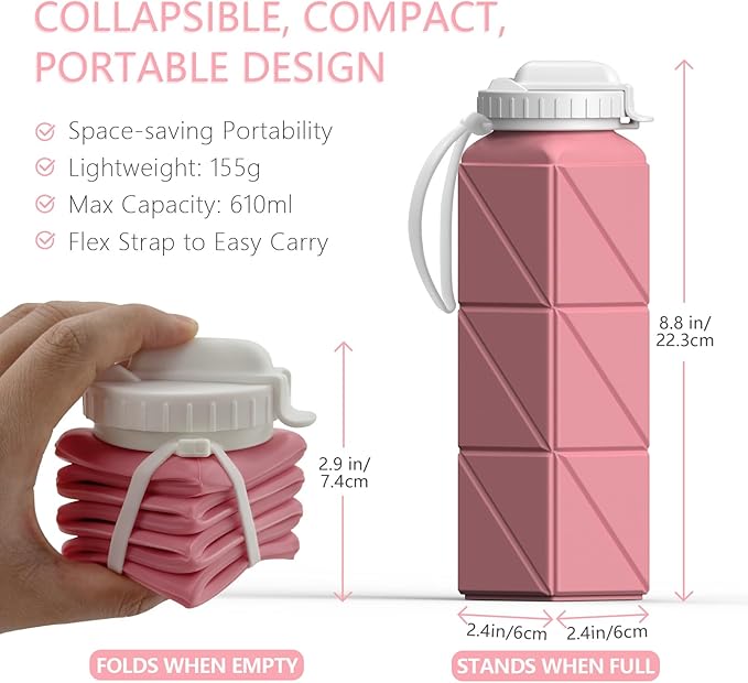 Collapsible Water Bottles, Silicone Foldable Portable Water Bottle 610ml, Lightweight Reusable Leakproof for Travel Camping Hiking Cycling Yoga Sports Outdoor