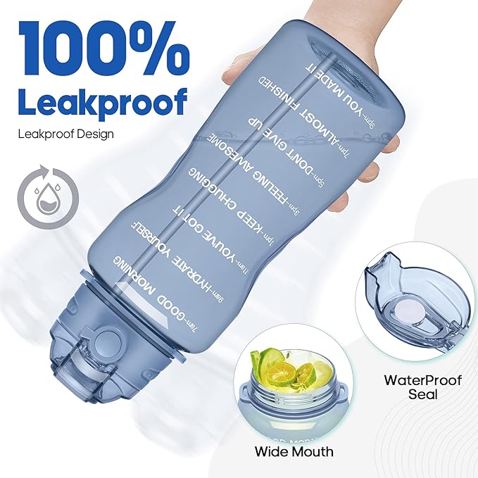 Water Bottles 1 / Half Gallon with Time Marker and Straw, Large Fitness Sports Motivational Bottle, Wide Mouth Leakproof and BPA Free for Travel, Gym,office,school