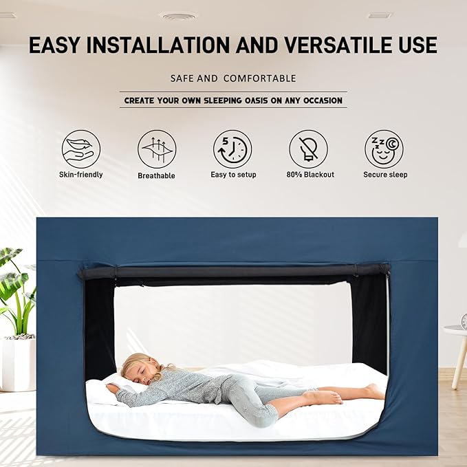 Quinnsus Bed Tent Bed Canopy Bunk Twin Size Tents for Adult and Kids - Portable Sleeping Bed Tents 80% Blackout with 4 Doors Breathable Private Space Tents(Mattress Not Included)