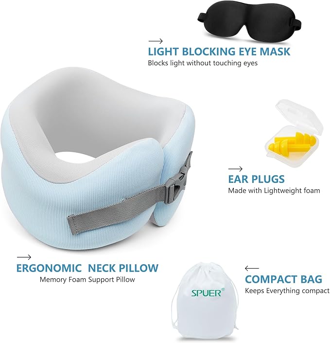 Neck Pillow Airplane, 100% Memory Foam Travel Pillow for Flight, Portable Adjustable Neck Pillow for Airplane, Car, Train, Bus, Removable and Washable Pillowcase, with Sleep mask and Earplugs