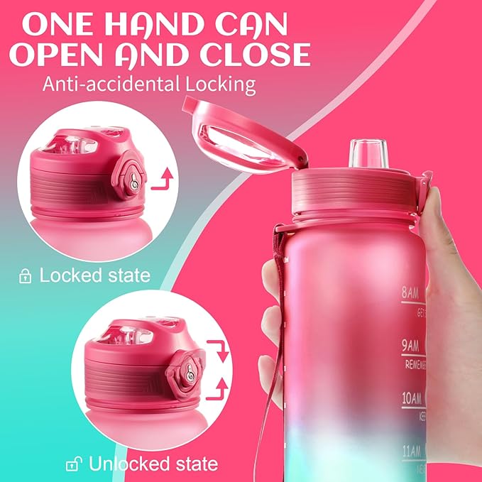 Water Bottle 32 oz, Motivational Sports Water Bottles Tritan BPA Free Water Bottle No Straw With Time Marker, Wide Mouth Leakproof Water Bottle with Strap for Gym Fitness Hiking Bike Camping - Pink