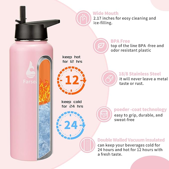 Farsea Insulated Water Bottle with Straw Lid & Spout Lid & Paracord Handle, Stainless Steel Water Bottle Wide Mouth, Double Wall Sweat-Proof BPA-Free, 40 oz, Pink