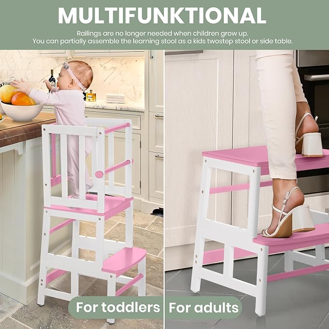 COSYLAND Kids Kitchen Step Stool, Toddler Standing Tower with CPC & FSC Certification, Removable Anti-Drop Railing Safety Rail Enjoys Unique Patented Design A Anti-tip Stable Structure Pink & White