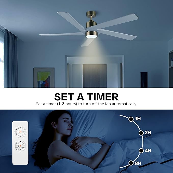 WINGBO 72 Inch DC Ceiling Fan with Lights and 3 Downrods, 5 Reversible Carved Wood Blades, 6-Speed Noiseless DC Motor, Large Ceiling Fan in Brass Finish with White Blades, ETL Listed