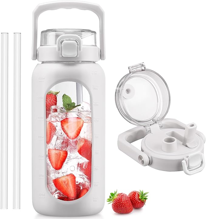 BLUEGO 64oz Glass Water Bottle with Handle and Straw, Motivational Sports Water Bottle with Time Marker and Silicone Sleeve Leakproof Drinking Bottle for Travel Gym Workout, White