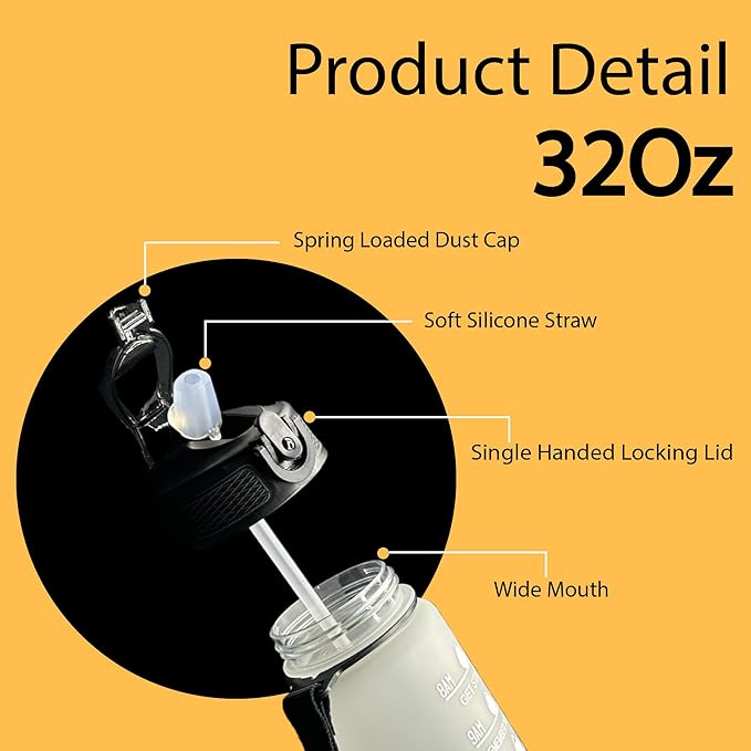 Yaa Fresh Water Bottles, 32oz Motivational Sports Water Bottle with Time Marker - Times to Drink - Tritan, BPA Free, Wide Mouth Leakproof, Fast Flow Technology with Clean Brush (1 Pack) (Black-White)