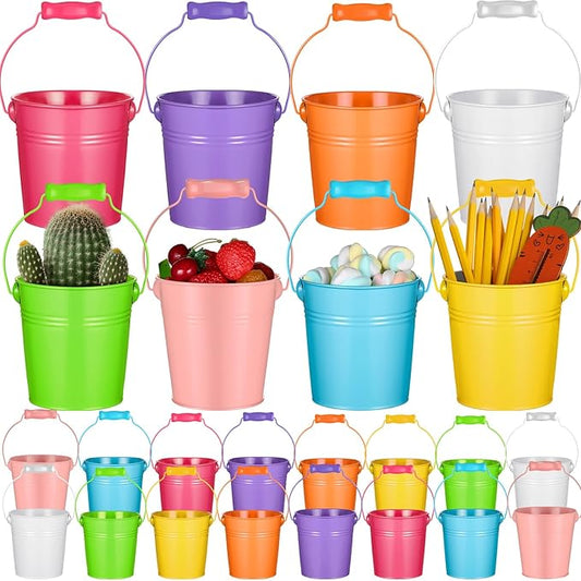 Therwen 24 Pieces Small Metal Buckets with Handle Colored Galvanized Bucket Round Metal Pail for Kids Classroom Candy Crafts,Utensils, Vase Party Favor(4.13 Inch,Wood Handle)