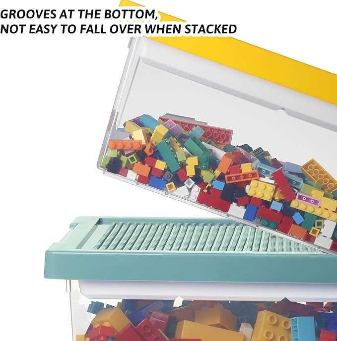 loobuu Plastic Storage Bins with Lids - 3 Set Stackable Arts Crafts Organizer Box with Removable Divided Tray & Compatible Building Baseplate, Toy Chest Containers for Bricks (14.37"x9.64"x6.69")