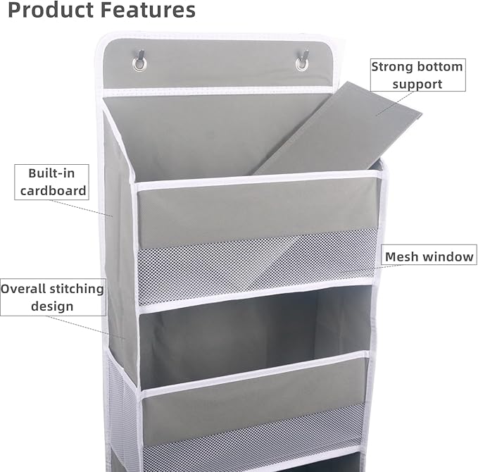 Over The Door Organizer, 5 Shelf Door Hanging Organizer with 6 Side Pockets, Anti Tilt 50lbs Weight Capacity Behind Door Storage for Bedroom, Bathroom, Pantry, Nursery, 1 Pack. (Grey)