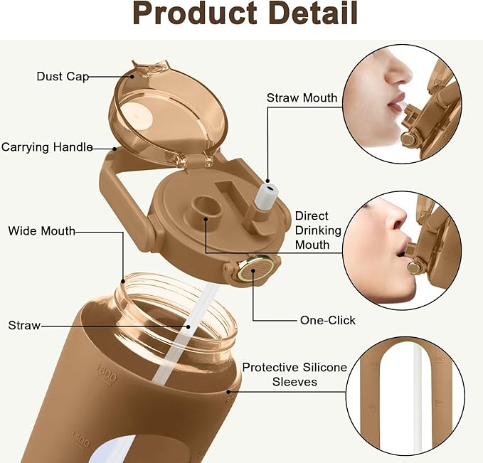 64 Oz Glass Water Bottle with Straw and Lid, Sports Motivational Water Bottle, Leakproof Water Jug Fitness with Silicone Sleeve for Gym, Brown