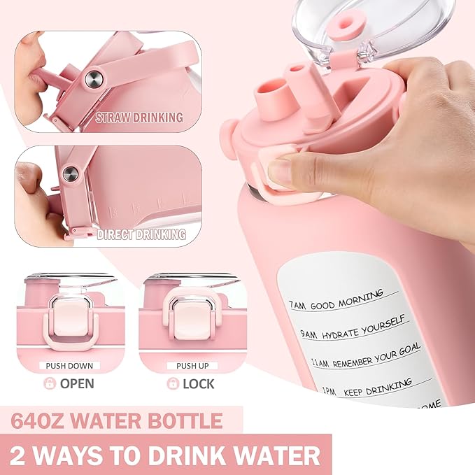 BLUEGO 64oz Insulated Water Bottle with Straw and Handle Leakproof Half Gallon Wide Mouth Motivational Water Bottle, 2-IN-1 Straw Spout Lid Stainless Steel Water Jug for Sport Travel Gym-Pink