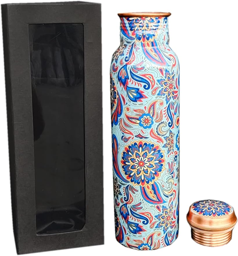 Copper Ayurveda Copper Water Bottle for Drinking – Travel Water Bottle for Gym, Yoga, Office, Hiking, Outdoor – with Lid (Blue - Meena)
