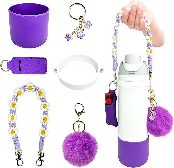 Water Bottle Accessories Set Compatible with Owala 24oz 32oz Including Water Bottle Handle Strap, Water Bottle Boot, Lipstick Bag, Pompom Ball, Daisy Key-chain, Compatible with Owala FreeSip.