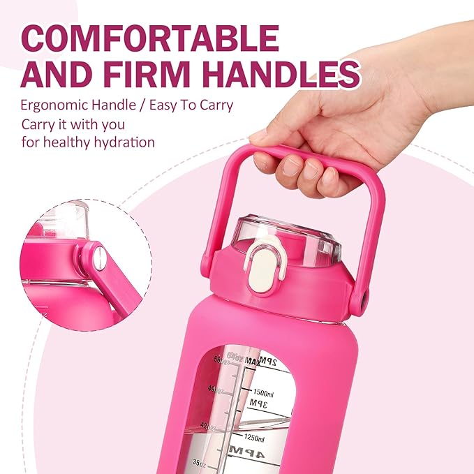 kytffu 64oz Glass Water Bottles with Straw, Half Gallon Motivational Glass Bottle with Silicone Sleeve and Time Marker, 2L Leakproof Large Glass Water Jug for Gym Home Office, Rose Red