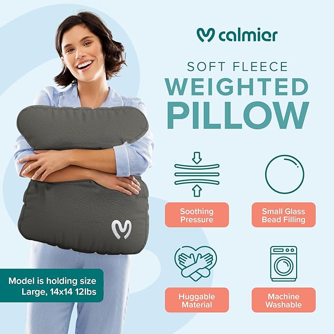 Calmier - Sensory Weighted Pillow - Glass Bead Filled Hug Pillow - Ultra Plush Cozy Weighted Pillows for Adults and Kids - Child Sensory Pillow - Weighted Lap Pad (Charcoal Gray - Fleece, 12 LBS)