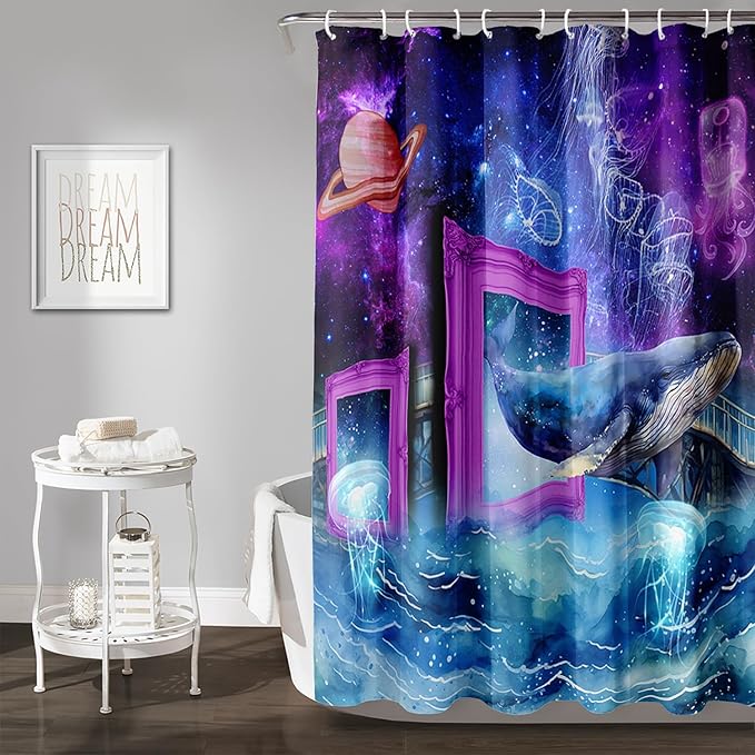 AILONEN 3D Whale Shower Curtains,Purple Galaxy Bath Curtains,Ocean Jellyfish Curtains for Kids Girls,Polyester Waterproof for Bathroom with 12 Hooks,36" W*72" H Purple