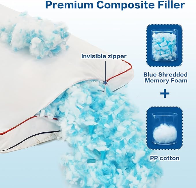 Long Body Pillow for Adults - Firm Body Pillow Insert with Shredded Blue Memory Foam, Adjustable Height, Soft Support for Side Sleeping, Pregnant Women, Washable (20x54 Inch, White)