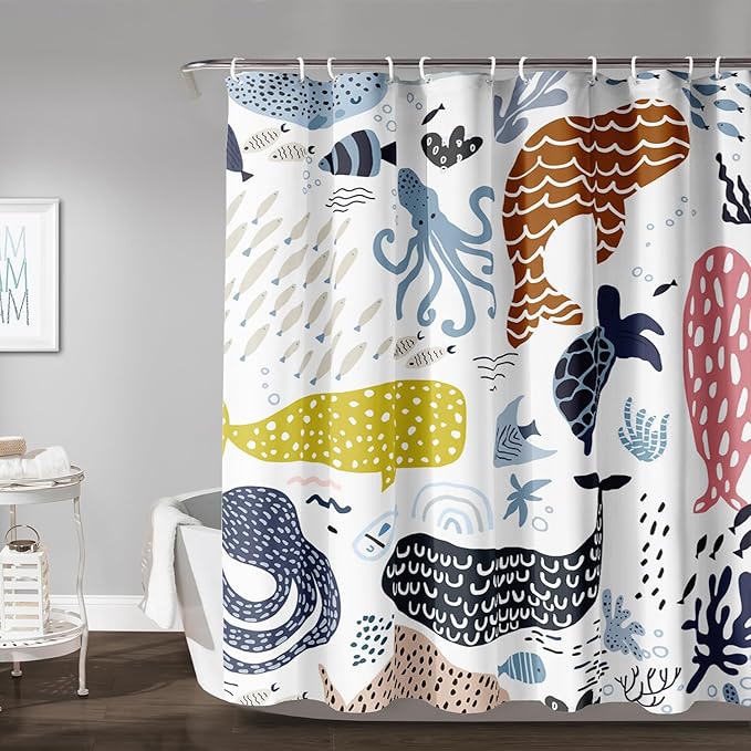 AILONEN Cartoon Dolphin Shower Curtain for Kids 60" W*72" H Inch,Colorful Whales Octopuses Pattern Shower Curtain,Marine Life Theme 12 Pack Hooks Polyester Waterproof Fabric Decor for Bathroom