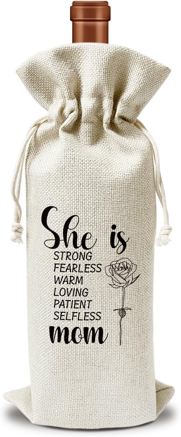 bxtala Mom Wine Gift Bags, Gift for Mother Mama Mother-in-law, 1 pcs Reusable Burlap Drawstring Wine Gift Bags for Wine Bottles, Mother's Day Holiday Party Favor -18