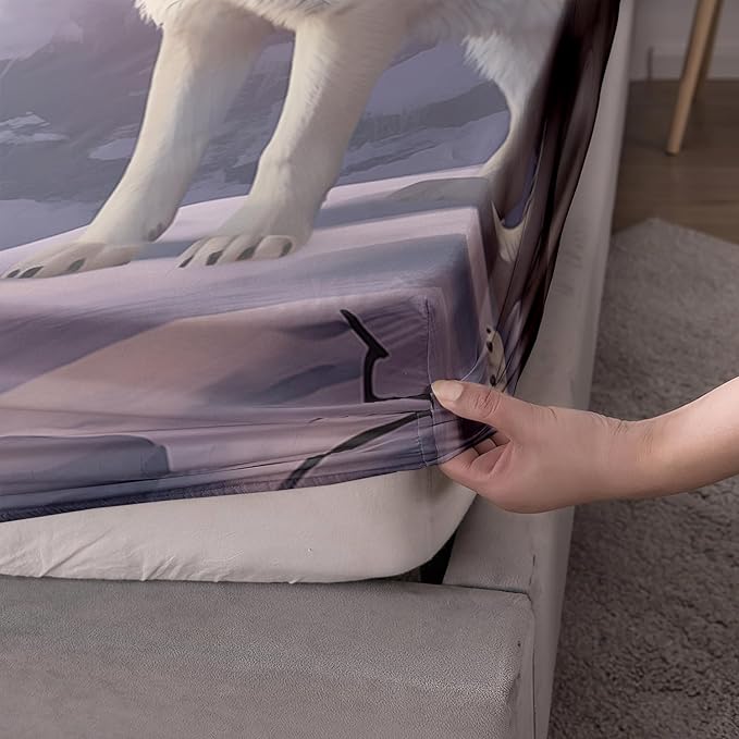 AILONEN Snow Wolf Fitted Sheet Set Twin Size, Winter Sunset Wildlife Wolf Bed Sheet Set for Boys Girls Adults,Safari Wolves Print Fitted Sheet with 2 Pillowcases,3 Pieces