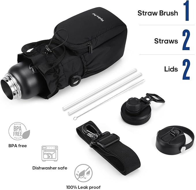 Insulated Water Bottles 32 oz with 2 Leak Proof Lids & Water Bottle Holder, Wide Mouth Sport Water Bottle with Straw, Reusable Stainless Steel Water Flask, Double Walled Vacuum Thermos