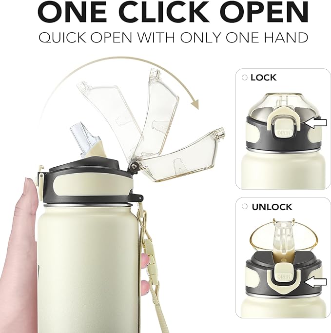 Enerbone Insulated Water Bottle, 32 oz Stainless Steel Water Bottles with Carrying Strap, Double-Wall Vacuum Insulation Thermos, Leakproof Sports Bottle with Straw, Keep Drinks Hot or Cold for Hours