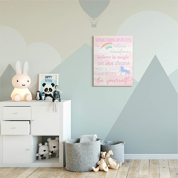 Stupell Industries Unicorn Rules Happiness Rainbow Pink Sky, Design by Daphne Polselli Canvas Wall Art, 24x30