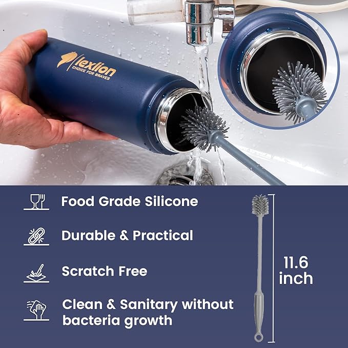 Water Bottle 22oz, Triple Walled Insulated Stainless Steel Reusable Bottle, Silicone Sleeve, Cleaning Brush, 2 Lids (Spout lid & Straw lid w/2 straw), Metal Mug Gallon, BPA Free, Twilight Blue