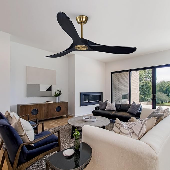 Bigzone 52" Black and Gold Ceiling Fan With Remote Control, DC Motor Quiet Energy Saving,3 Balsa Wood Blades,Outdoor/Indoor Ceiling Fan no light With Reversible Blades