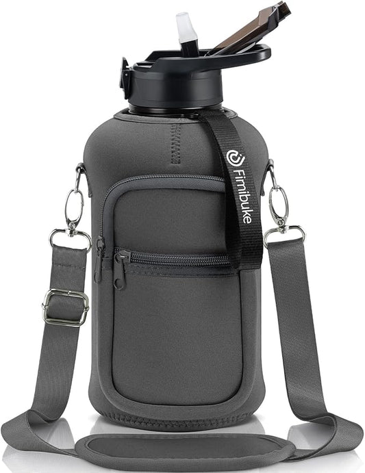Fimibuke Half Gallon Water Bottle with Sleeve 64 OZ Water Bottle with Handle & Straw Leakproof Motivational Sports Gym Water Bottle with Time Marker BPA Free Water Jug with Reusable Neoprene Holder