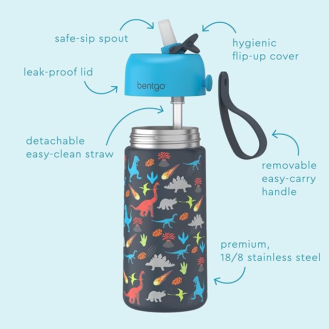 Bentgo® Kids Stainless Steel Insulated Water Bottle - Leak-Proof; Keeps Cool for 12 Hours; Durable, BPA-Free, Dishwasher Safe 14 oz. Cup for Ages 3+ for School/Sports/Daycare (Dinosaur)