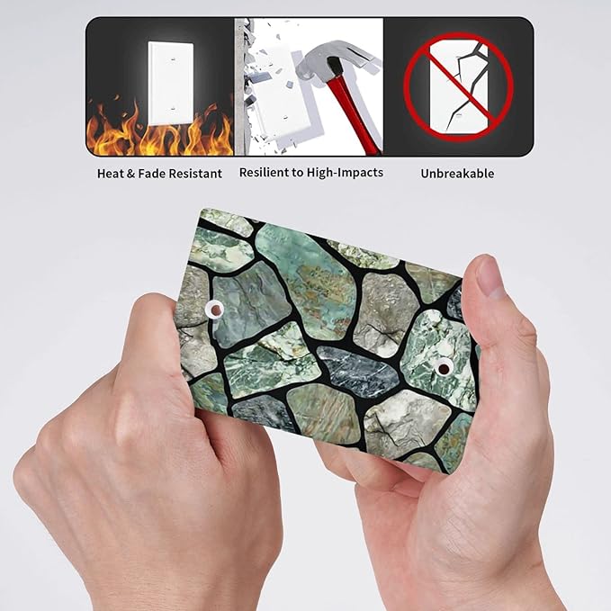 Green Stone Texture Single Blank Switch Wall Plate Cover Outlets Decorative 1-Gang for Electrical Room Bathroom Bedroom Home Kitchen One Receptacle Polycarbonate Power Gear 4.5" x 2.76"