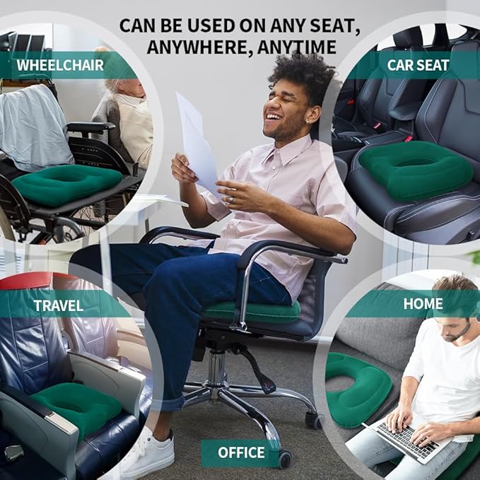 Inflatable Donut Pillow,Hemorrhoid Cushion- Excellent for Tailbone, Prostate, Sciatica, Bed sores, Postpartum Pregnancy, Post-Surgical Pain-Orthopedic Firm seat Cushion for Home, Office or car (green)