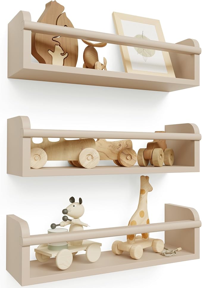 Decorative Nursery Bookshelves for Kids - Set of 3 Easy to Install Floating Shelves for Wall Mount - Beautiful Hanging Organizer Furniture for Your Baby Boy or Girl's Bedroom and Play Room Decor