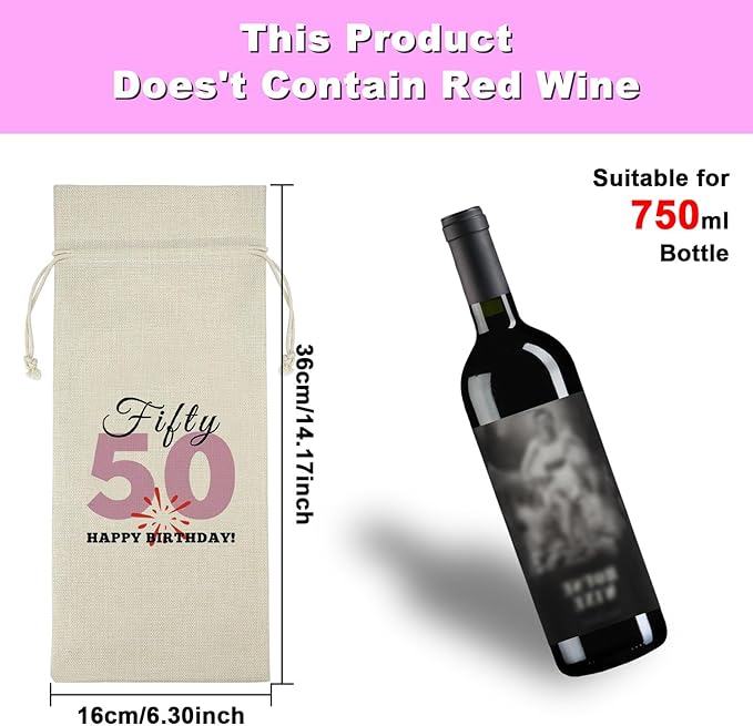 50th Birthday Gift for Women Men Wine Bag Funny 50 Years Old Birthday Gift Drawstring Wine Bottle Bag Turning 50 Gift for Mom Father Friend Burlap Wine Wrap Bag Fifty Birthday Gift Wine Gift Bag