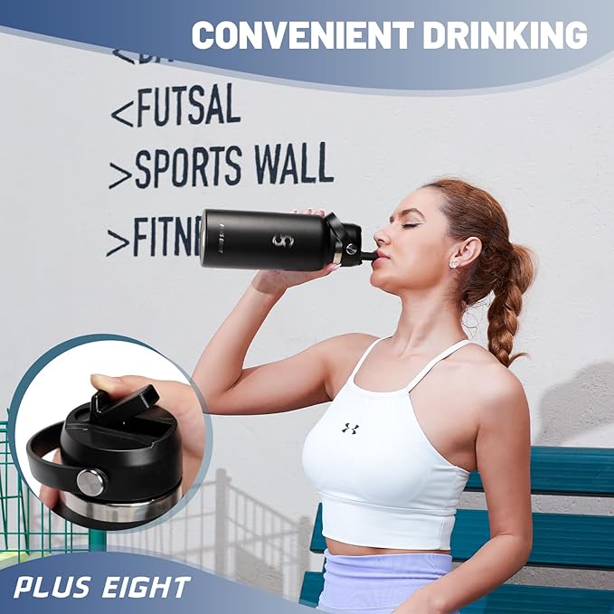 Sports Water Bottle, 32 oz Insulated Water Bottle With Straw, Stainless Steel Water Bottle Wide Mouth for Sports, Gym or Office, BPA-Free Keep Cold 24H Hot 12H (Black)