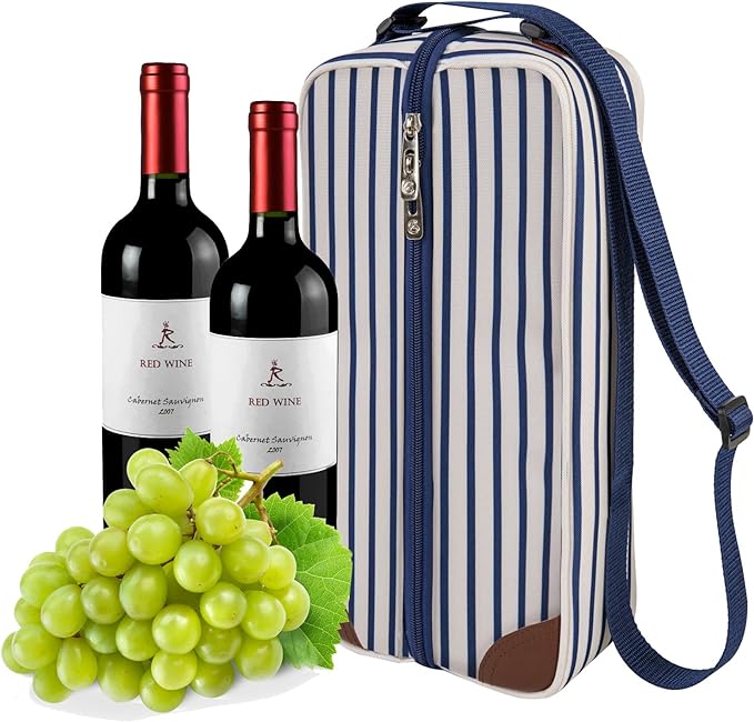 ALLCAMP Wine Tote Bag with Cooler Compartment，Picnic Set Carrying Two Sets of Tableware（Blue Stripe）