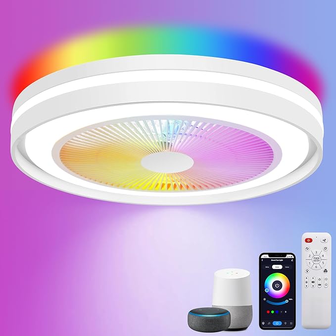 Bladeless Ceiling Fans with Lights, 20" Low Profile Ceiling Fan with Alexa/Google Assistant/APP Control 6 Speeds, Modern Flush Mount RGB Ceiling Fan LED Dimmable Light，White
